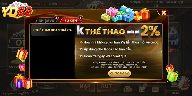 Khuyến mãi YO88 hoàn trả thể thao 2%